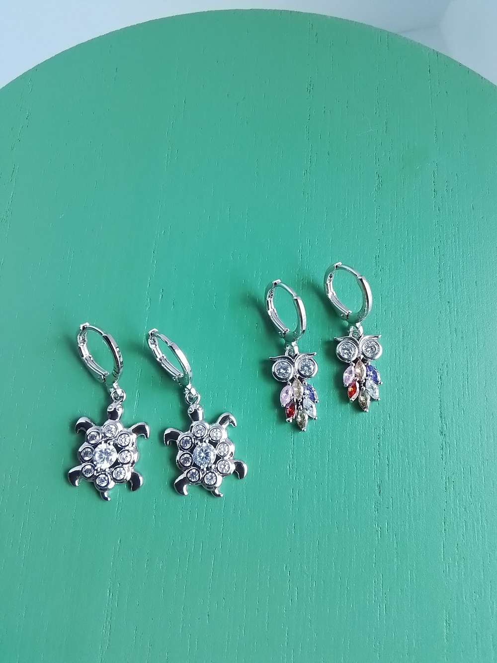 Pretty Bird Silver Turtle and Owl CZ Drop Huggie Earrings, 2 Pair